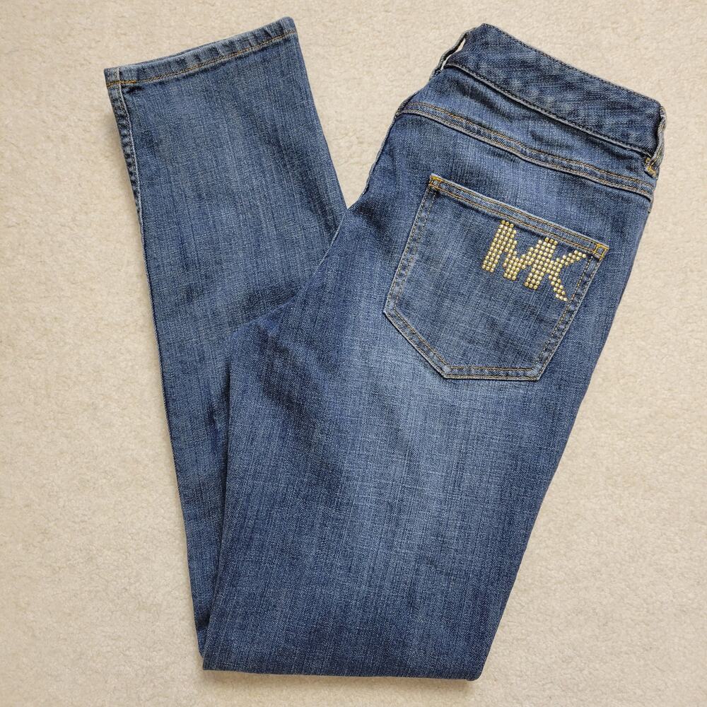 EUC Michael Kors Size 6 Low Rise 5 Pocket Straight Denim Jeans Studded MK Logo